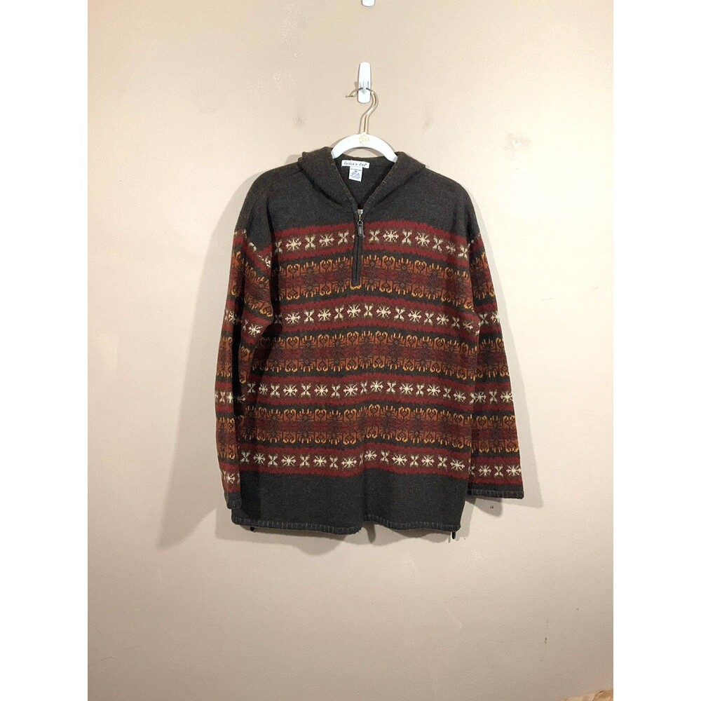 Vintage Eagles Eye Mens Wool Fair Isle Hooded Sweater M Brown Nordic 1/4 Zip 90s